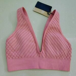 NWT NUX Plunging V Ribbed Sports Bra "The Line Bra"  Flamingo Pink Sz L